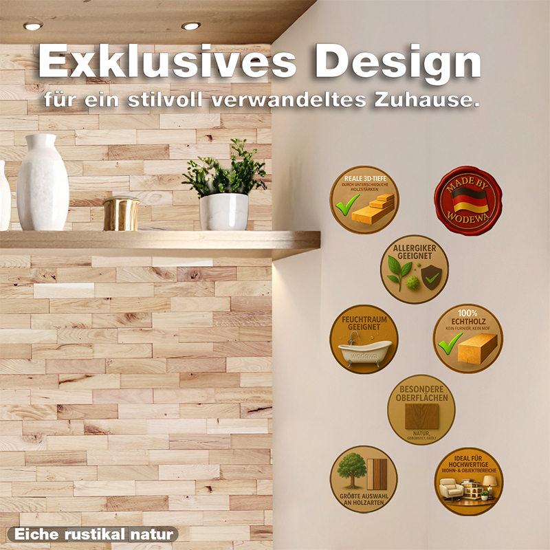 Exklusive Wandverkleidung aus Eiche rustikal natur mit natürlichem Holzdesign von wodewa – hochwertiges Interior Design aus Deutschland