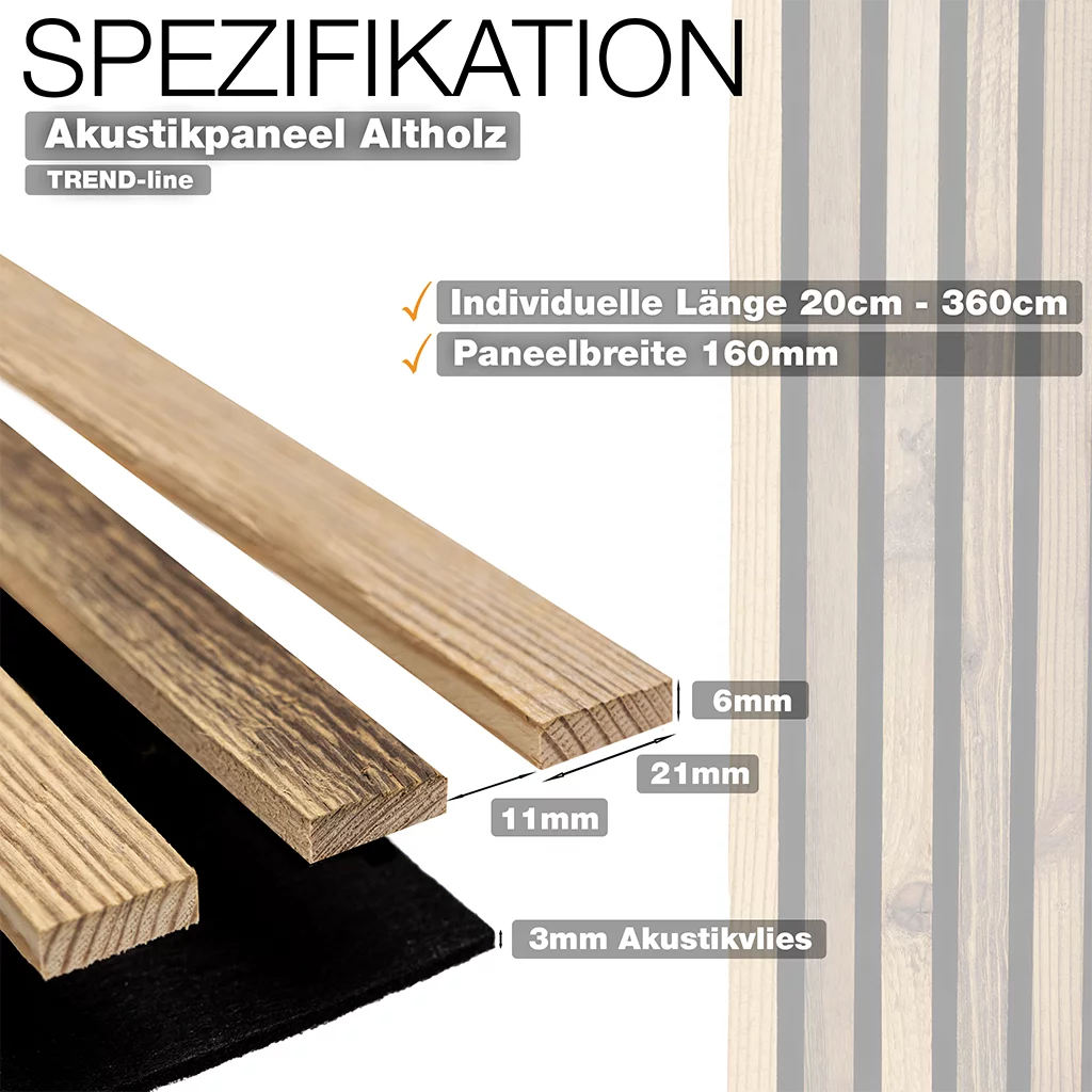 Spezifikation wodewa Akustikpaneel original Altholz Trend-line mit 160 mm Paneelbreite, individuelle Länge 20–360 cm, Lamellen in 6 mm Stärke, 3 mm Akustikvlies – Wandpaneel für Raumakustik hergestellt in Deutschland