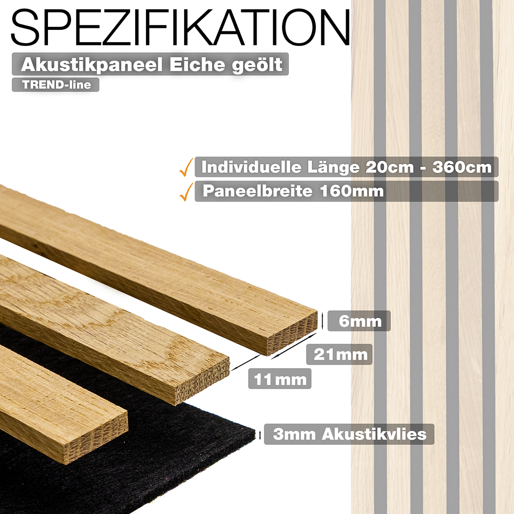 wodewa Akustikpaneel Echtholz Eiche geölt Trend-line mit 160 mm Paneelbreite, individuelle Länge 20–360 cm, Lamellen in 6 mm Stärke, 3 mm Akustikvlies – Wandpaneel für Raumakustik hergestellt in Deutschland