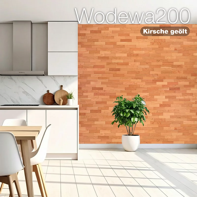 Wodewa200 Holzwand aus Kirsche geölt in moderner Küche – natürliche Wandverkleidung aus Holz