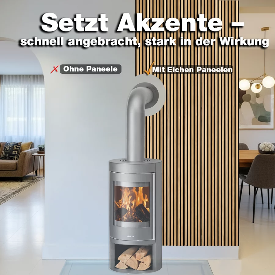 Vorher-Nachher-Vergleich mit wodewa Akustikpaneelen Echtholz Eiche geölt – moderne Wandgestaltung hinter Kamin, bessere Raumwirkung und Akustik hergestellt in Deutschland.