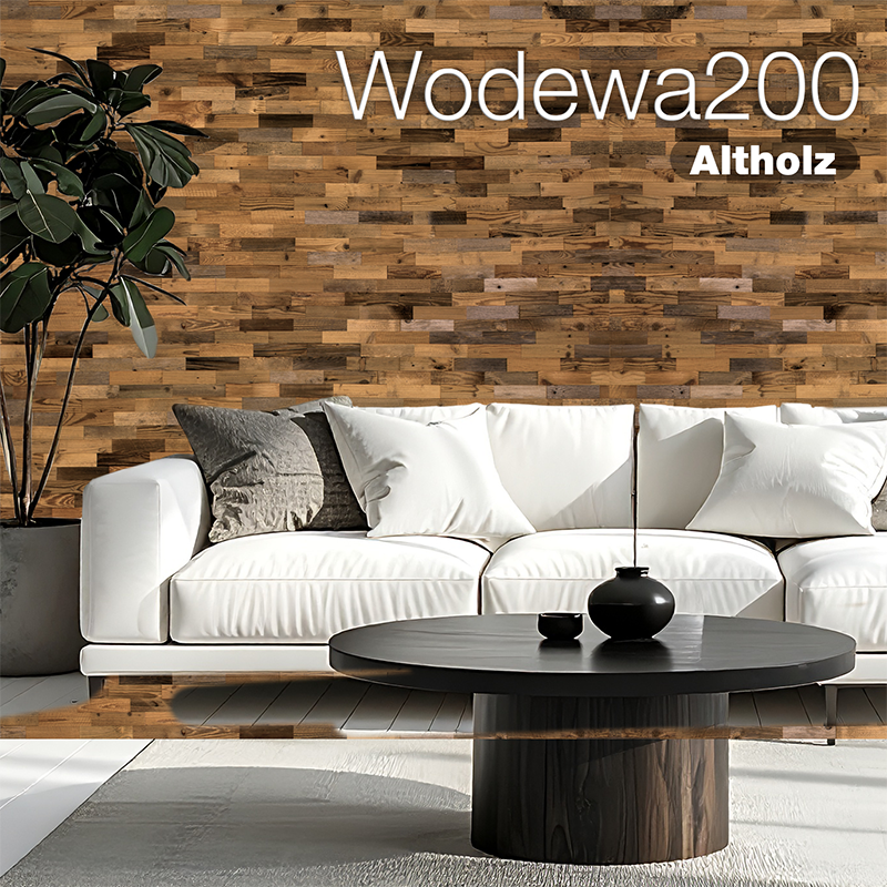 Modernes Wohnzimmer mit Altholzholz-Wandverkleidung Wodewa200 Altholz und weißem Sofa