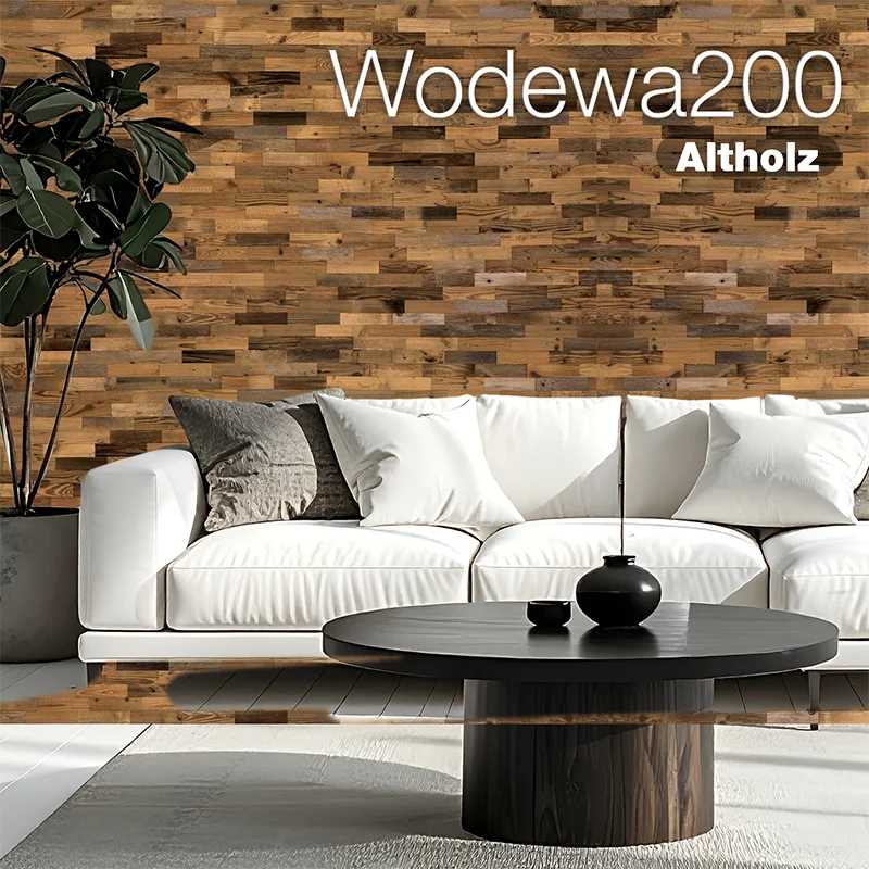 Modernes Wohnzimmer mit Altholzholz-Wandverkleidung Wodewa200 Altholz und weißem Sofa