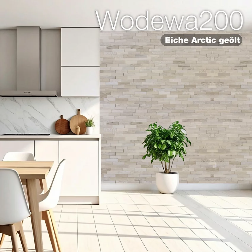 Wodewa200 Holzwand aus Eiche arctic geölt in moderner Küche – natürliche Wandverkleidung aus Holz