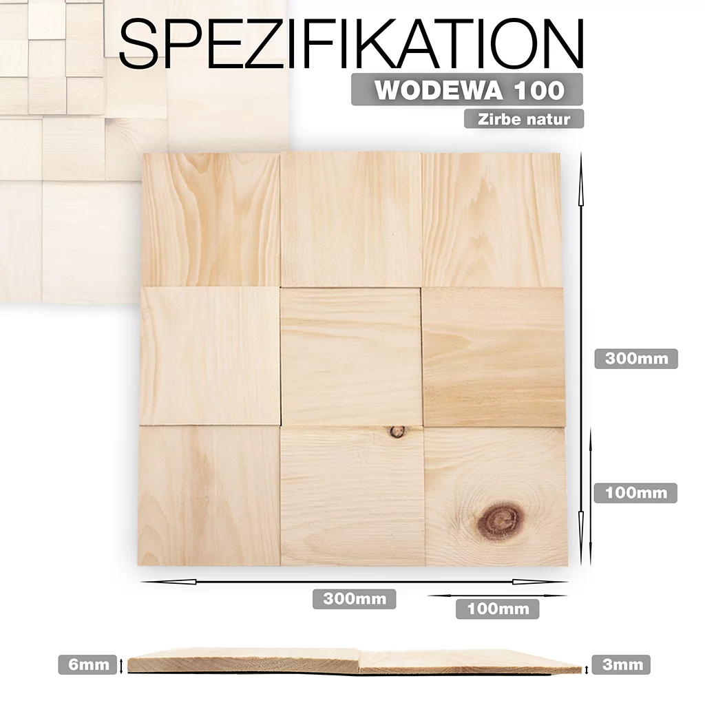 wodewa 100 Zirbe natur – 3D Holz Wandpaneel 300×300 mm im Mosaikdesign aus echtem Zirbenholz für exklusive Wandverkleidung, gefertigt in Deutschland