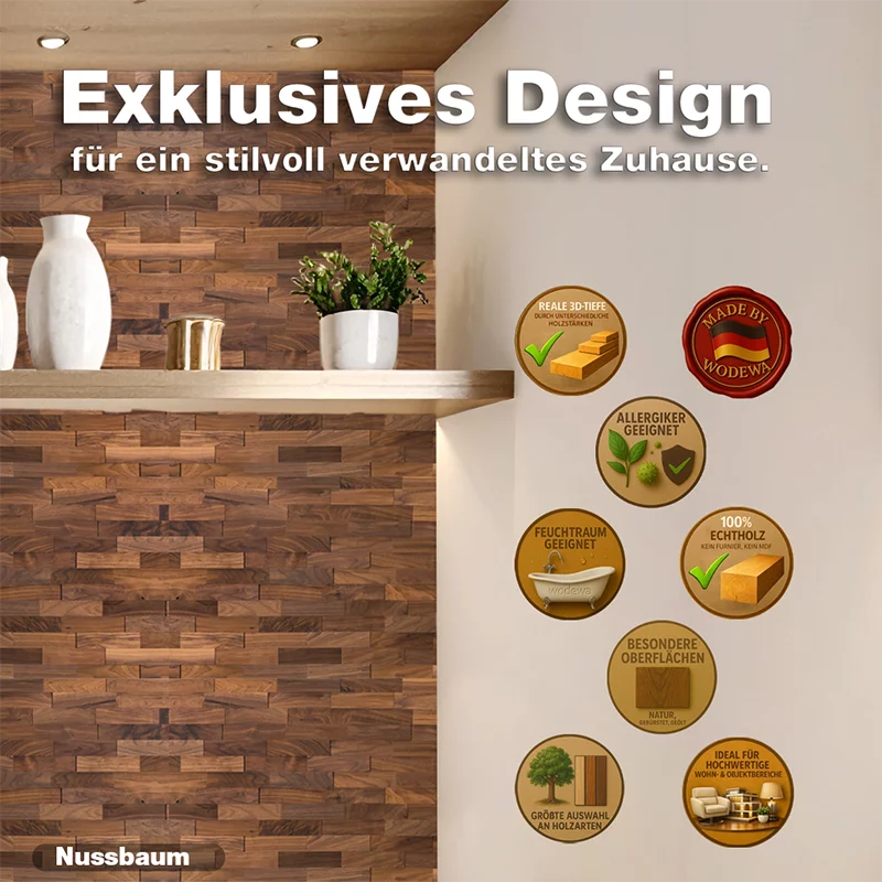 Exklusive Wandverkleidung aus Nussbaum mit natürlichem Holzdesign von wodewa – hochwertiges Interior Design aus Deutschland