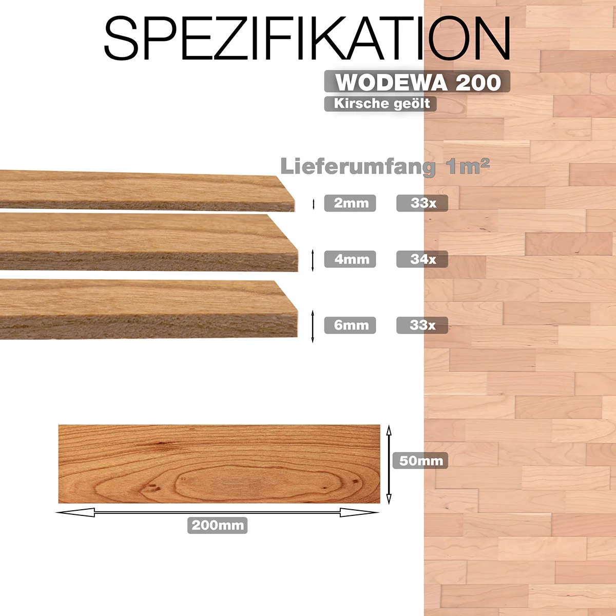 Spezifikation der WODEWA 200 Holzpaneele aus Kirsche geölt mit Stärken 2–6 mm und Format 200 x 50 mm