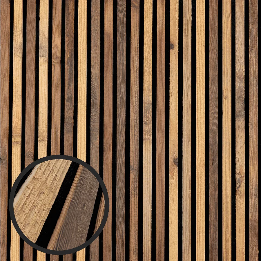 Echtholz Akustikpaneel aus Altholz von wodewa - Detailansicht der Holzstruktur und Lamellenoptik