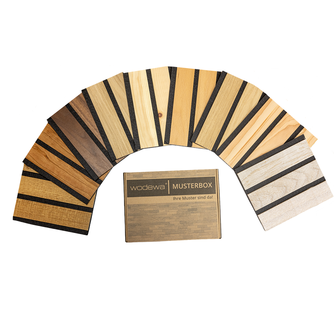 Echtholz Akustikpaneel Breitlamelle Musterbox von wodewa - natürliche Wandverkleidung mit akustischer Wirkungen und individuellen Längen