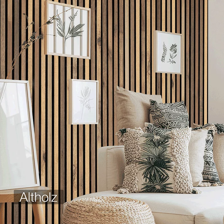 Echtholz Akustikpaneel aus Altholz von wodewa – gemütliches Wohnzimmer mit Chalet-Charakter
