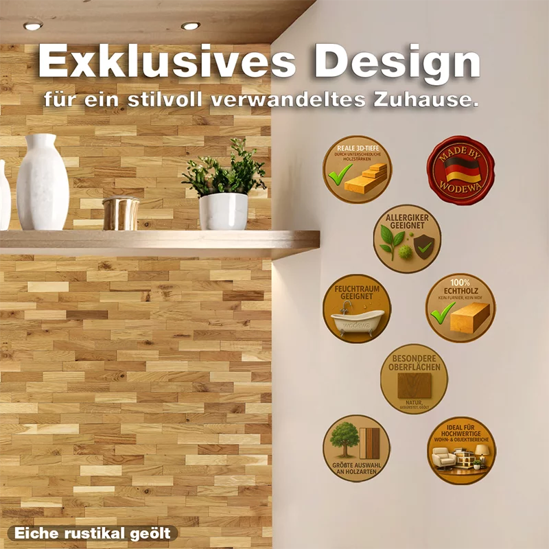 Exklusive Wandverkleidung aus Eiche rustikal geoelt mit natürlichem Holzdesign von wodewa – hochwertiges Interior Design aus Deutschland