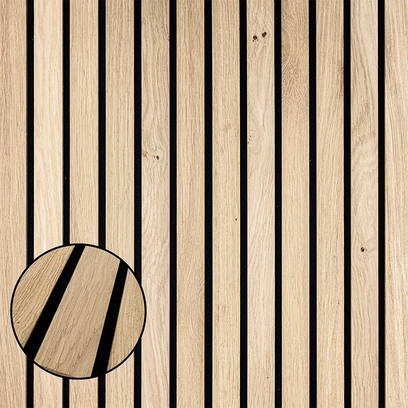 Echtholz Akustikpaneel Breitlamelle aus Eiche strukturiert natur von wodewa - Detailansicht der Holzstruktur und Lamellenoptik