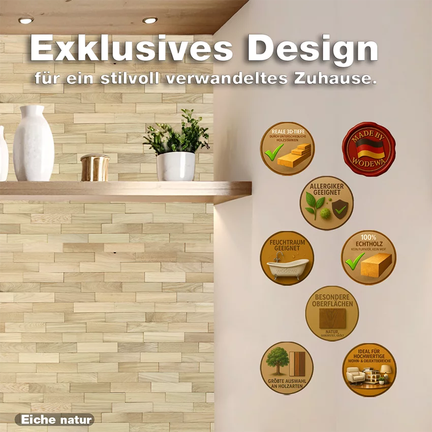 Exklusive Wandverkleidung aus Eiche natur mit natürlichem Holzdesign von wodewa – hochwertiges Interior Design aus Deutschland