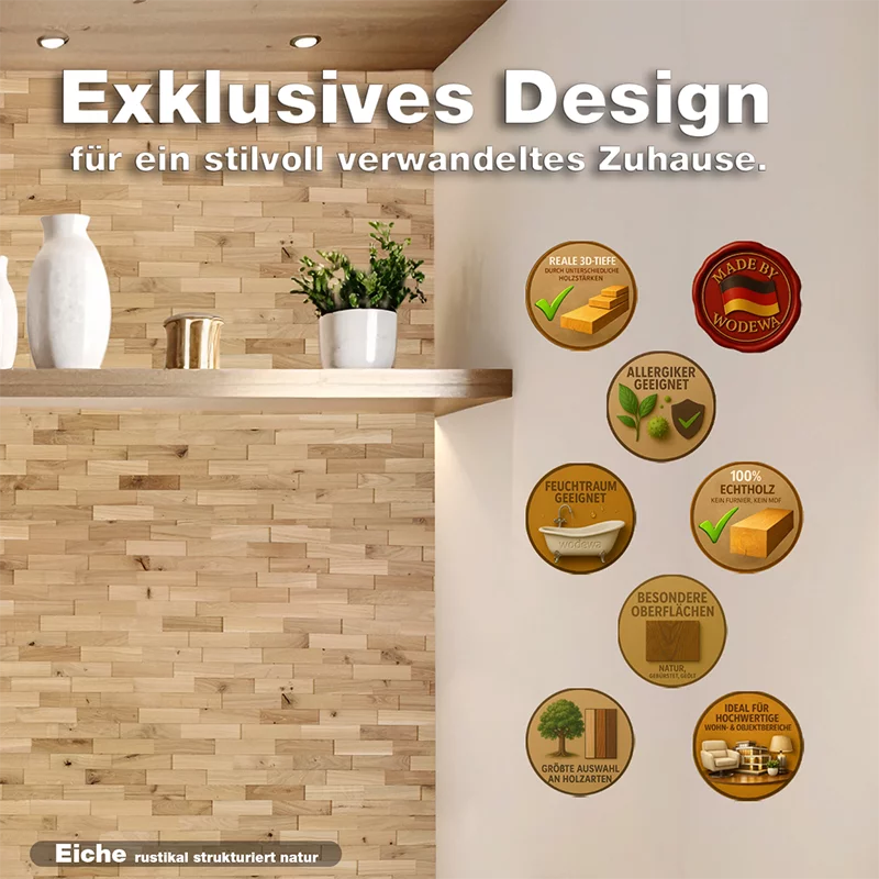 Exklusive Wandverkleidung aus Eiche rustikal strukturiert natur mit natürlichem Holzdesign von wodewa – hochwertiges Interior Design aus Deutschland