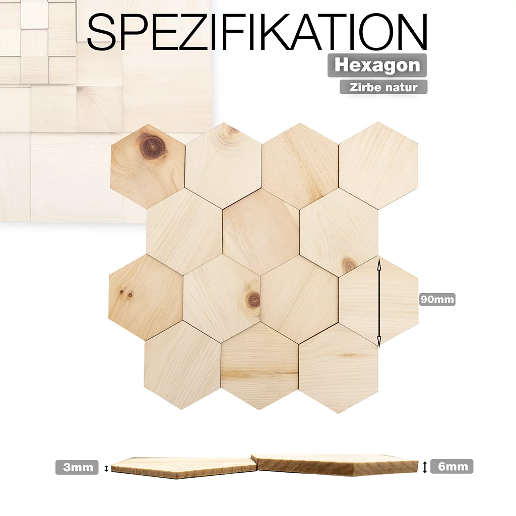 wodewa Hexagon Zirbe natur – 3D Holz Wandpaneele zur modernen Wandgestaltung, hochwertiges Zirbenholz, Maß 90 mm, hergestellt in Deutschland