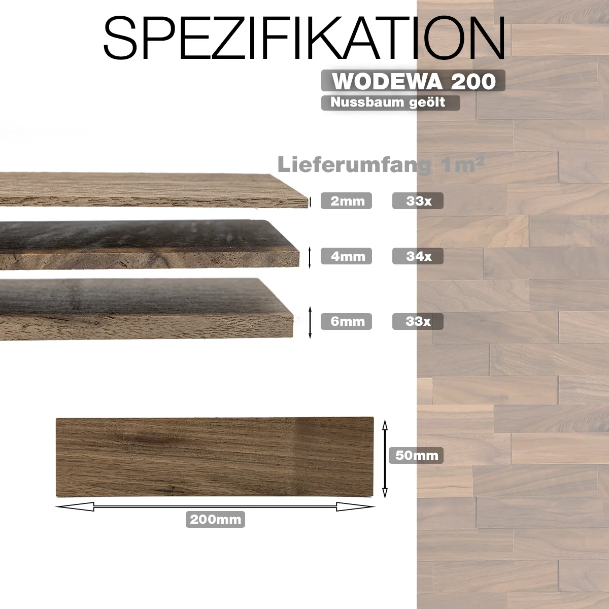 Spezifikation der WODEWA 200 Holzpaneele aus Nussbaum mit Stärken 2–6 mm und Format 200 x 50 mm