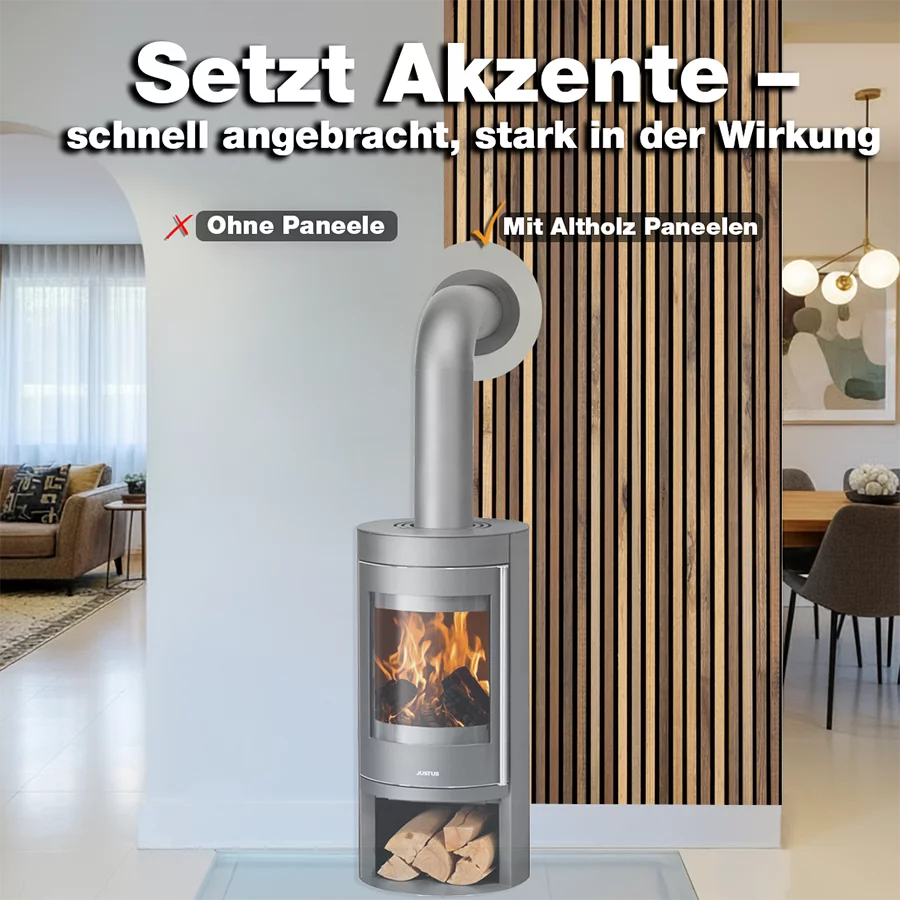 Vorher-Nachher-Vergleich mit wodewa Akustikpaneelen Altholz – moderne Wandgestaltung hinter Kamin, bessere Raumwirkung und Akustik hergestellt in Deutschland.