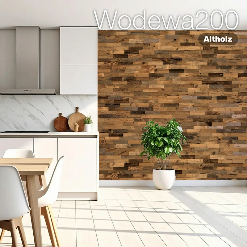 Wodewa200 Holzwand aus Altholz in moderner Küche – natürliche Wandverkleidung aus Holz