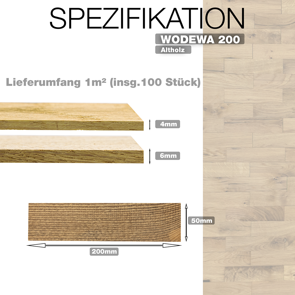 Spezifikation der WODEWA 200 Holzpaneele aus Altholz mit Stärken 2–6 mm und Format 200 x 50 mm